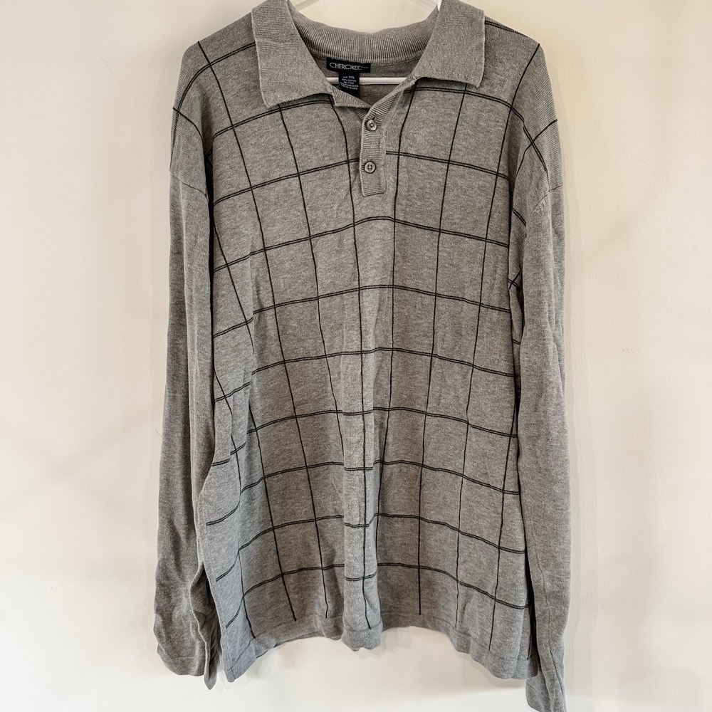 VTG‎ Men's Cherokee XXL Long Sleeve Knit Polo Windowpane Gray Sweater Target